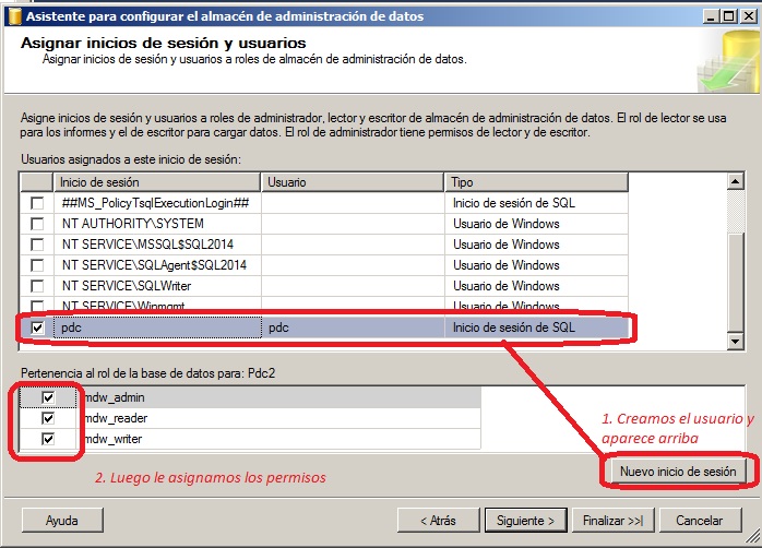 Asistente para configurar el almacen de datos de SQL Server