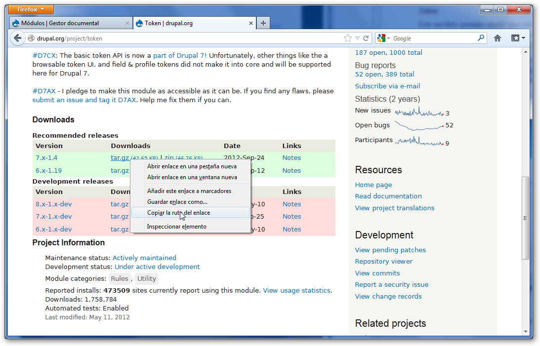 Descarga del módulo Token de Drupal