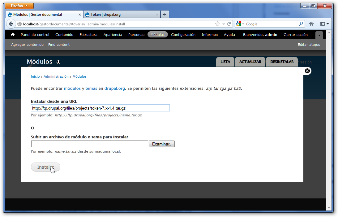 Instalación del módulo Token en Drupal
