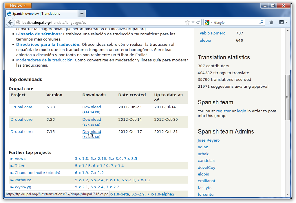 Fichero de traducción de idiomas Drupal