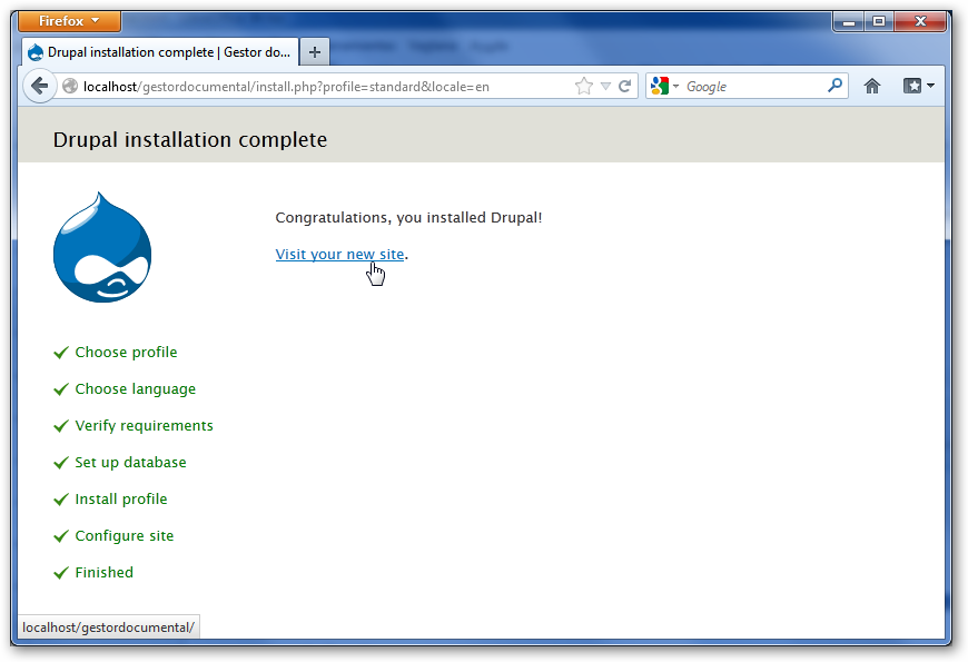 URL de acceso a Drupal recién instalado