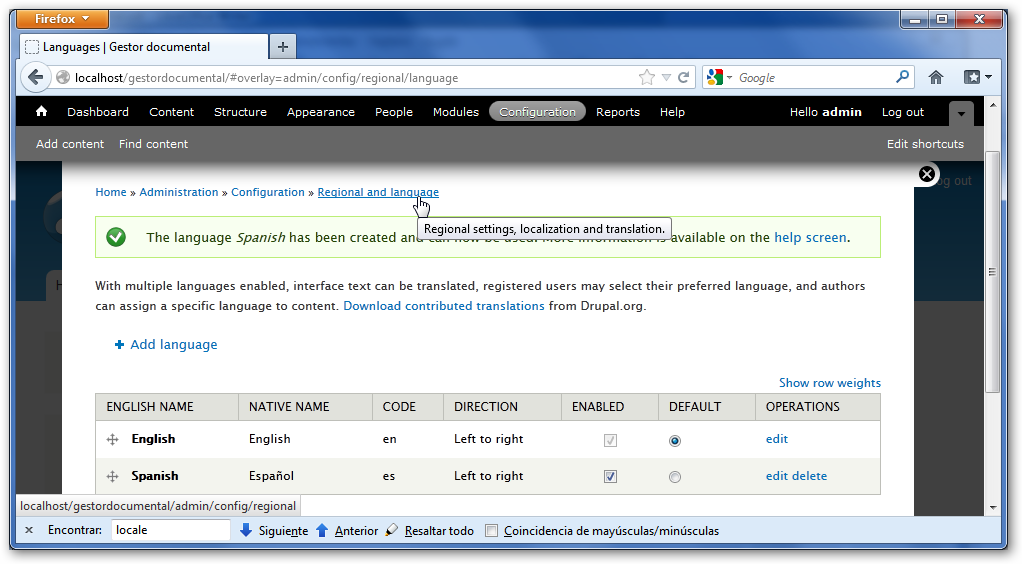 Configuración regional y lenguajes de instalacion Drupal