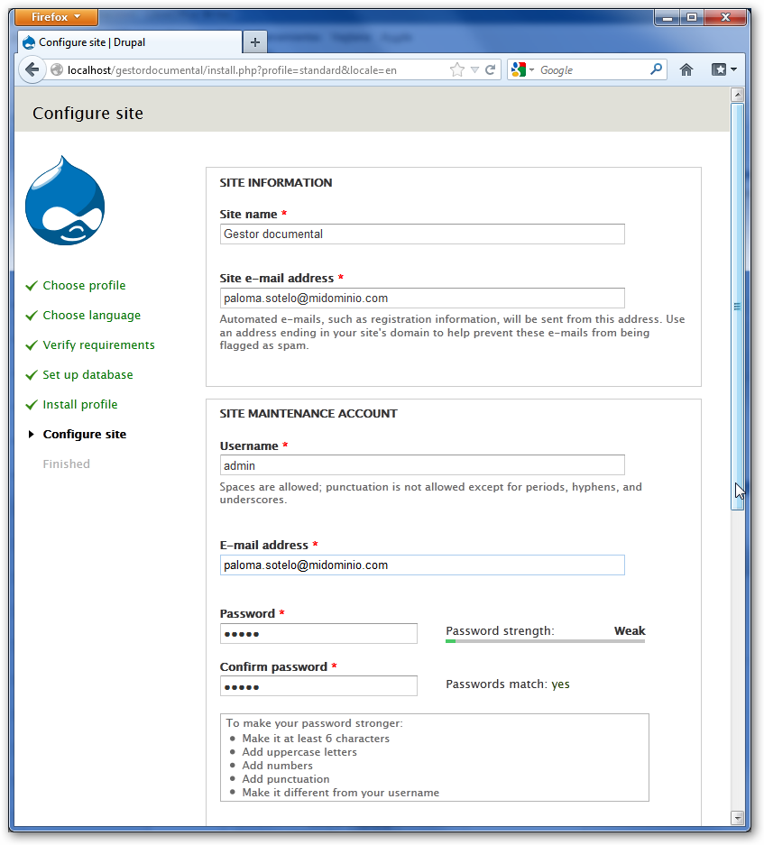 Configuración de un site Drupal
