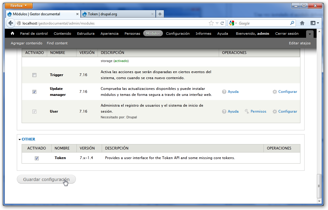 Configurar módulo Token en Drupal