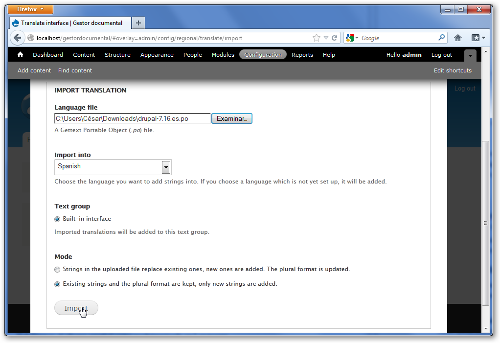 Importación de fichero de traduccion al español de Drupal