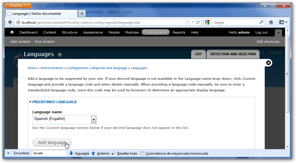 Seleccionar lenguaje espeñol predefinido en Drupal