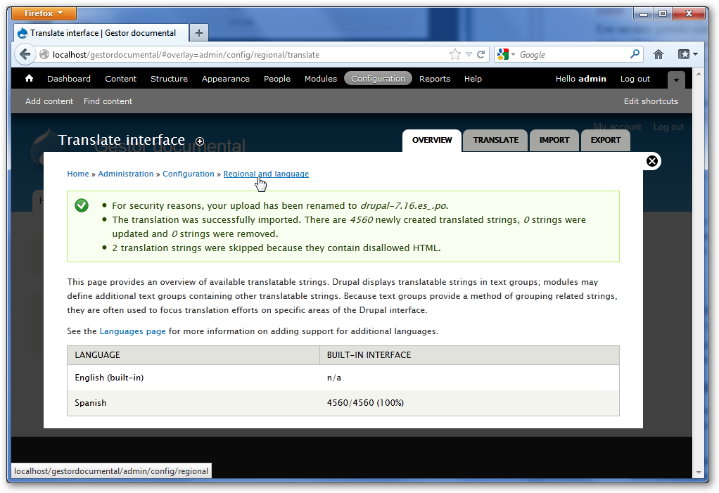 Estado OK importación traducción español Drupal
