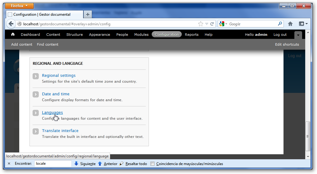 Configuración regional y de lenguajes de Drupal