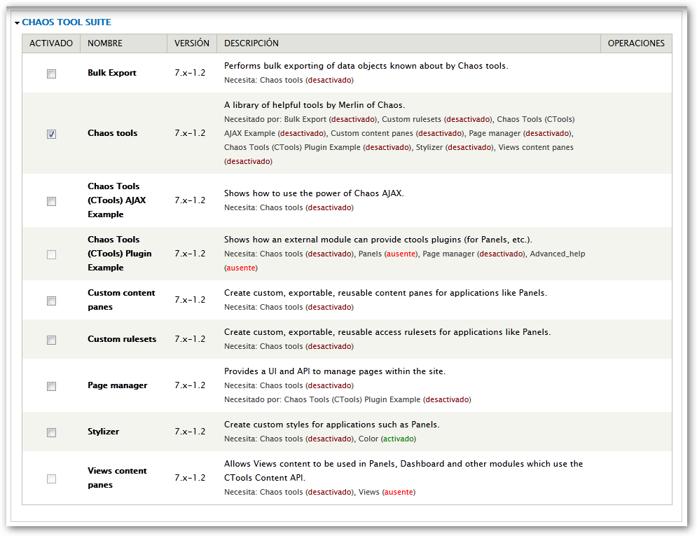 Instalación del módulo Chaos Tools Suite de Drupal