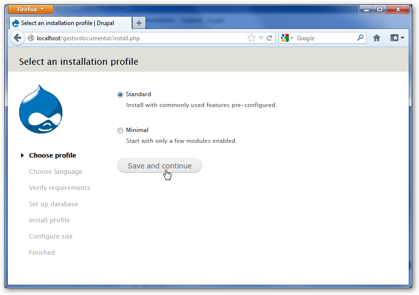 Selección de un perfil de instalación en Drupal