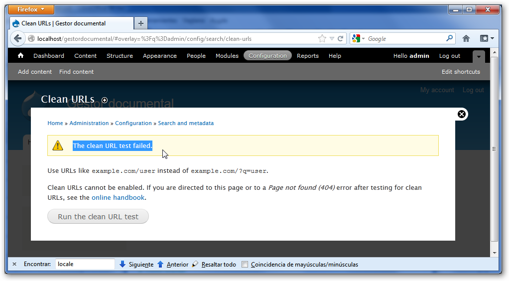 Test de clean URL's de Drupal fallido