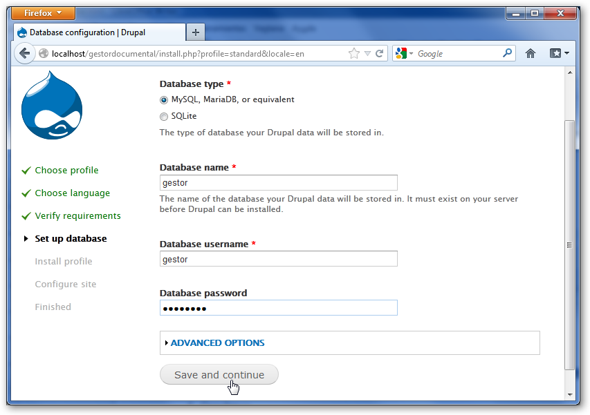 Configuración de la base de datos MySQL de Drupal