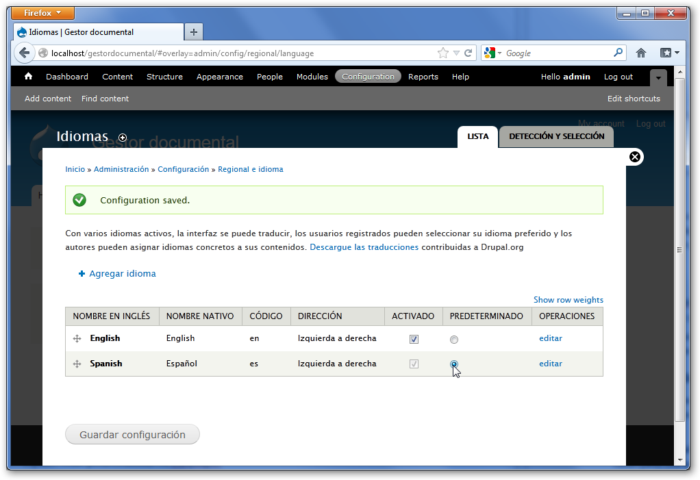 Lenguaje español predeterminado en Drupal