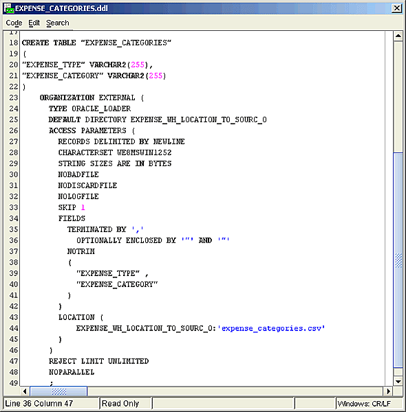 DDL de Creación de una Tabla Externa con OWB