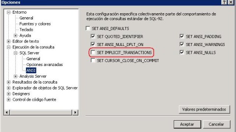 Como deshabilitar el autocommit en SQL Server Management Studio