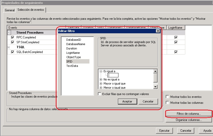 Edicion de filtro con SQL Profiler