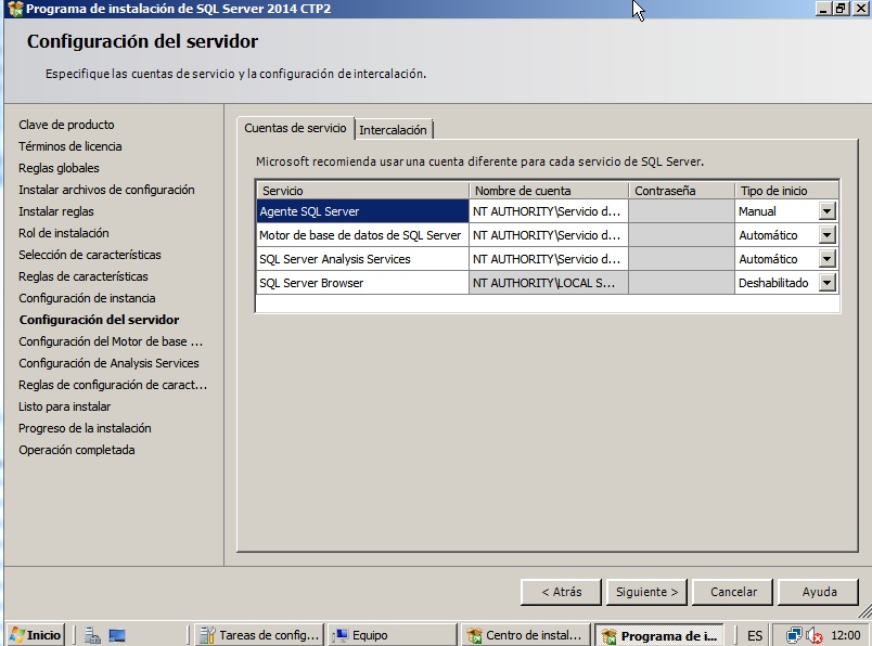 Configuracion del servidor en Instalacion de SQL Server 2014