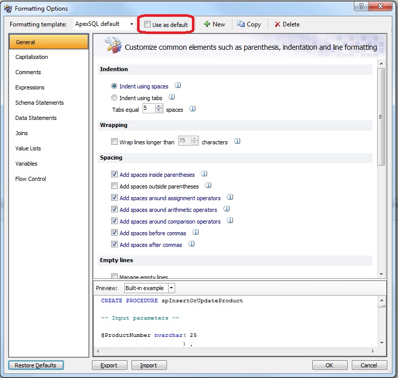 Opciones de formateo de Apex SQL Refactor