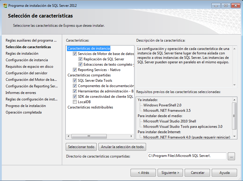 Elegir características en la instalación de SQL Server Express
