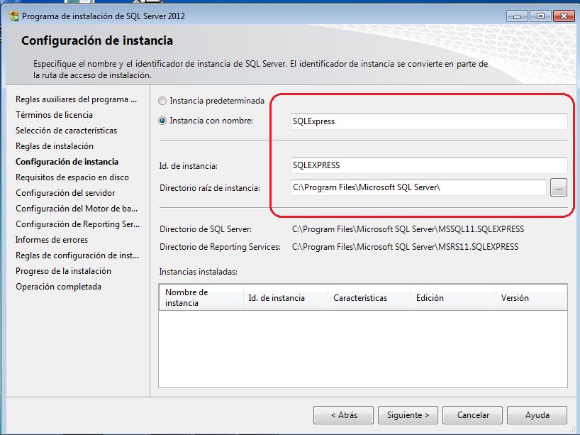Especificar nombre de instancia en la instalación de Sql Server Express