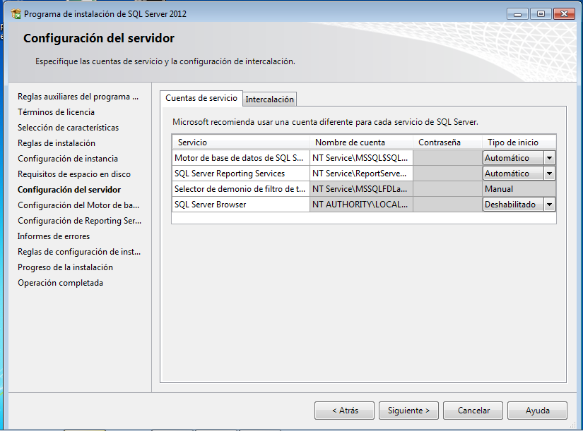 Elección de las cuentas de ejecución para los servicios en la instalación de SQL Server Express