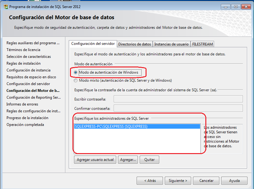 Elección de cuentas con derechos de administración en la instalación de SQL SERVER Express