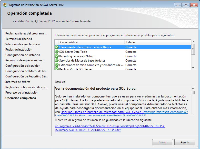 Finalización correcta en la instalación de SQL Server Express