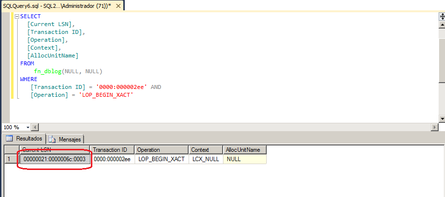 Identificador LSN en formato hexadecimal de la consulta DML delete