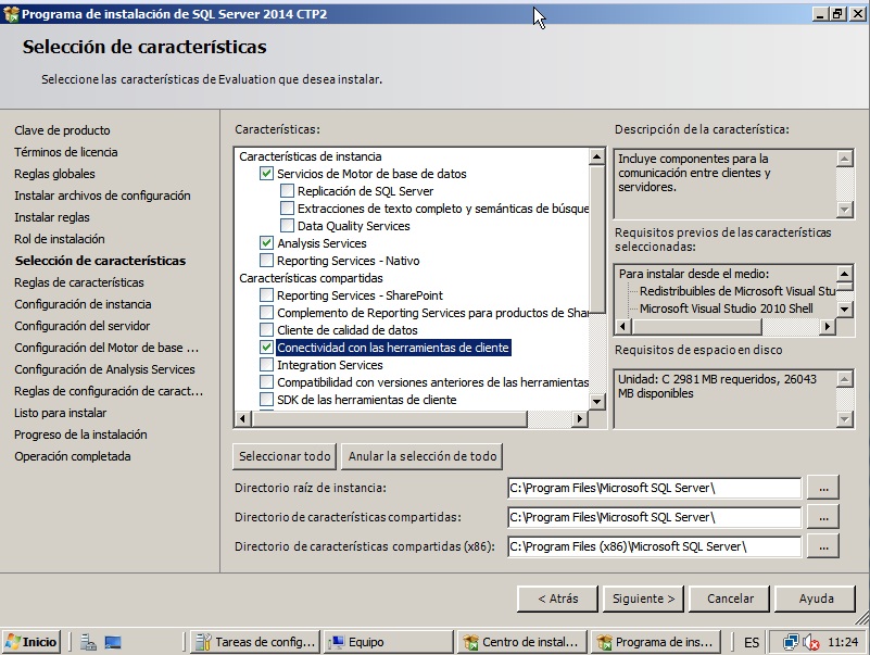 Seleccion de características de SQL Server 2014