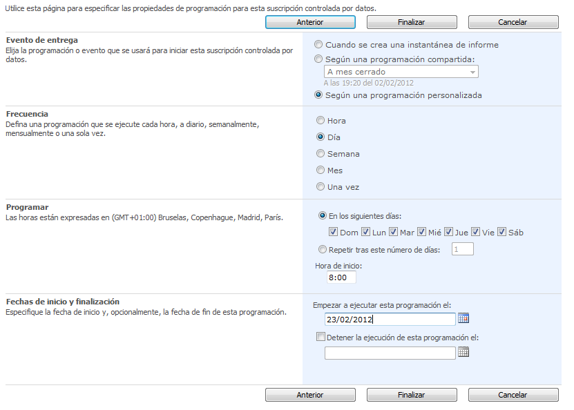 Programación de entrega de informes SSRS