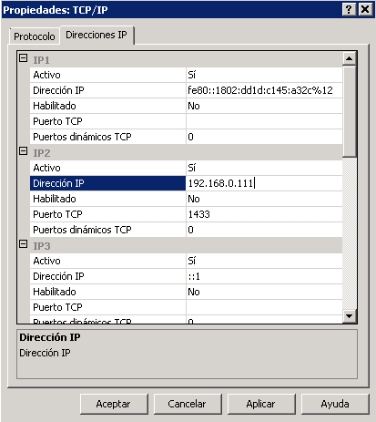 Configuración de propiedades TCP/IP para conexión remota con SQL Server