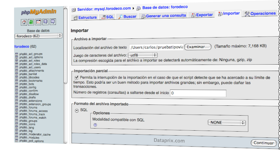 Importación de un fichero de datos con INSERTS desde phpmyadmin (MySQL)