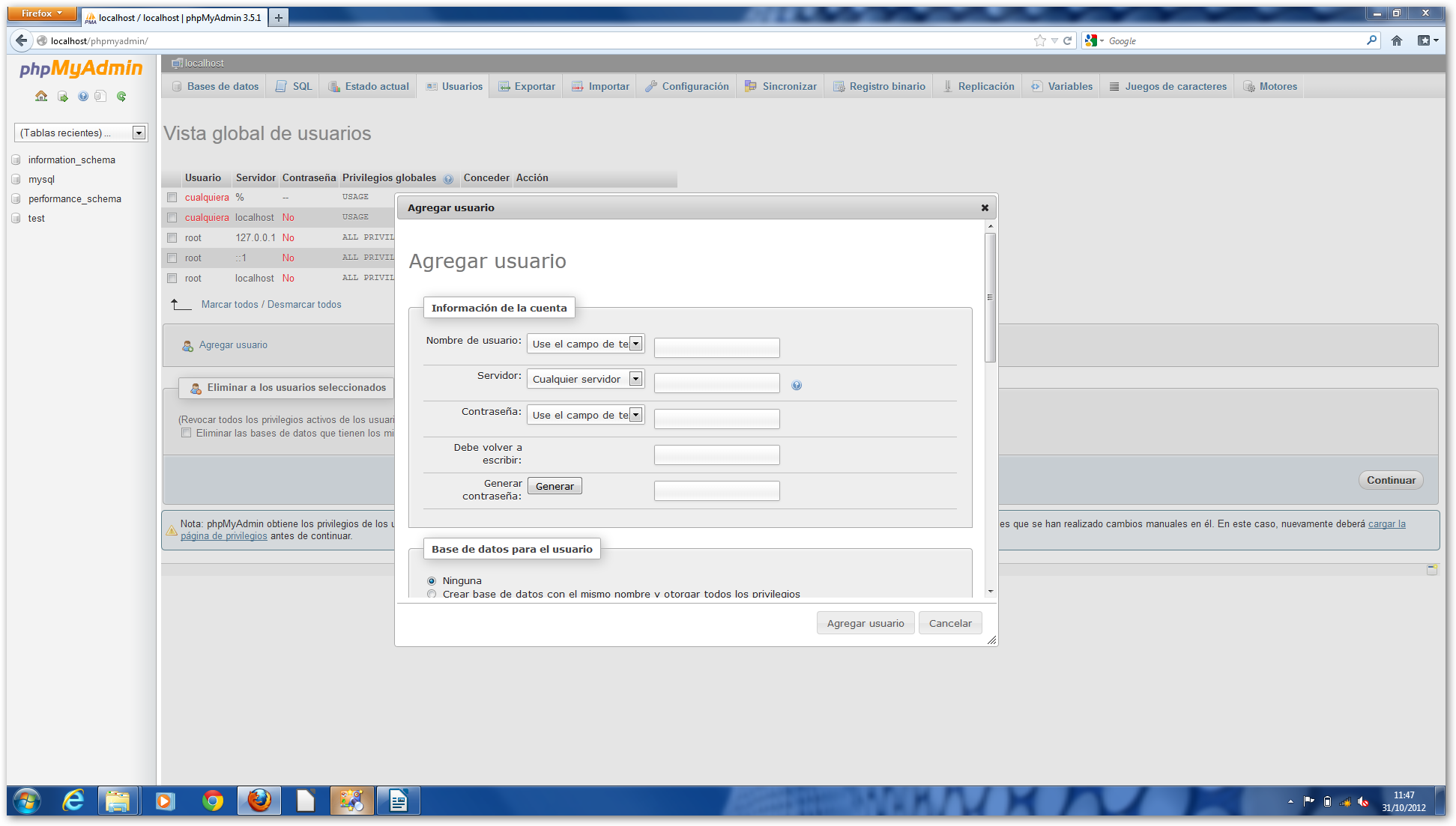 Creación de la base de datos de Druapl con phpMyAdmin