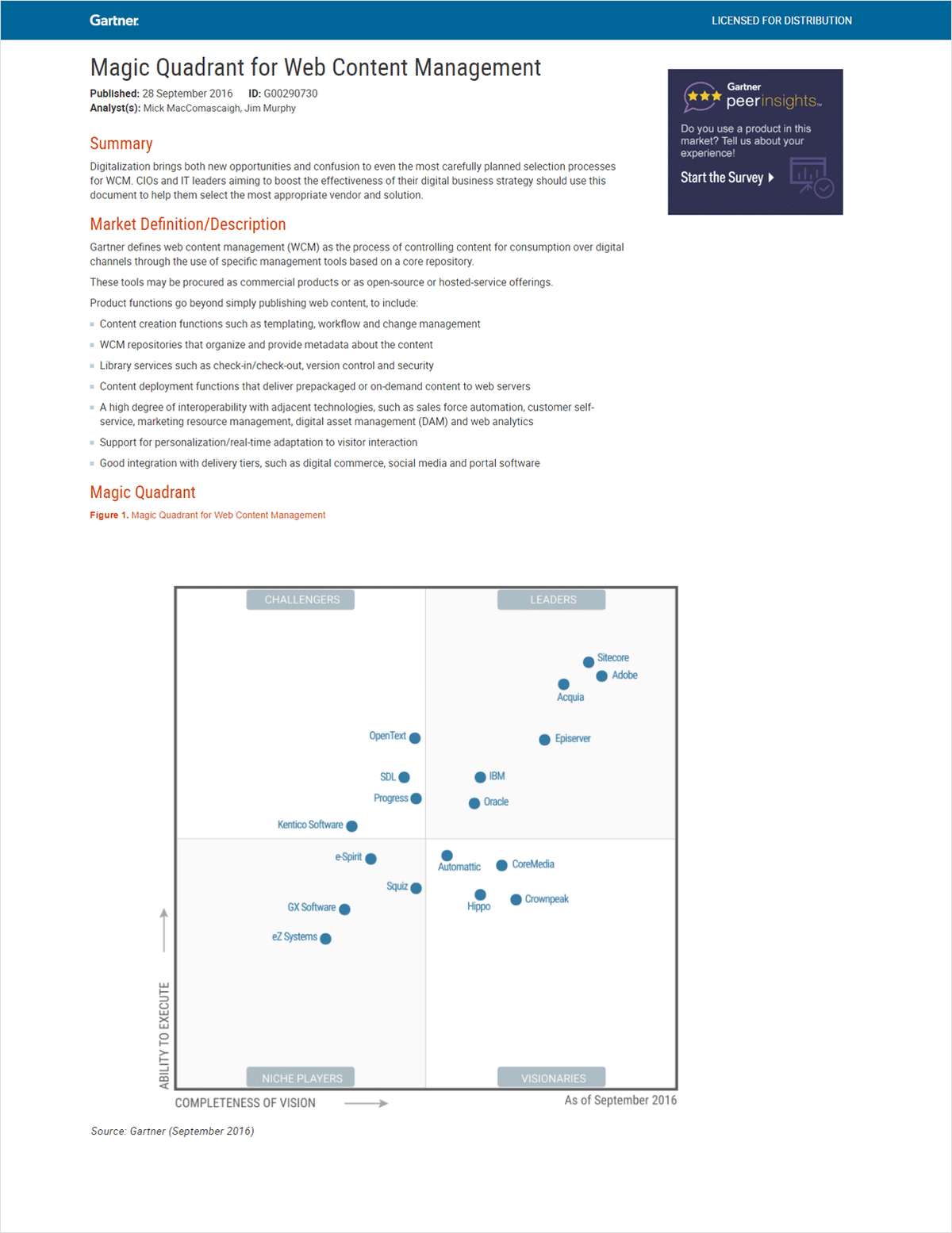 Gartne Magic Quadrant for Web Content Management