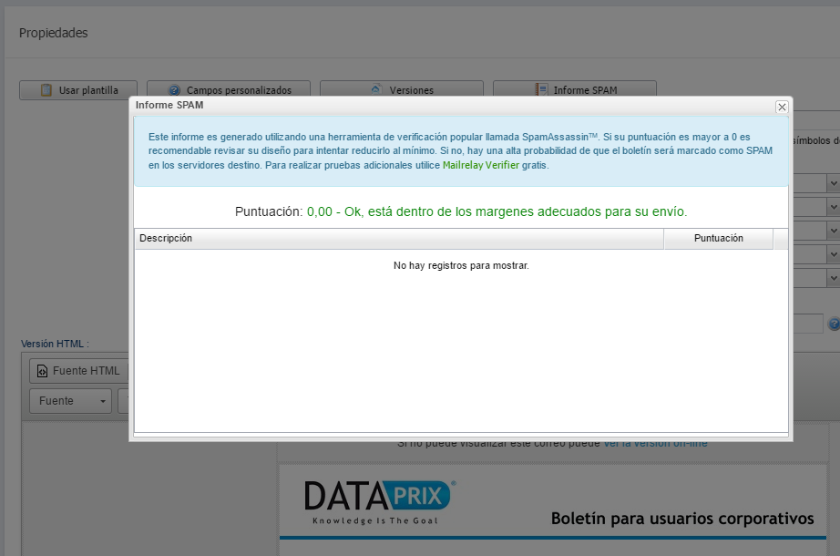 Comprobación de Spam sobre boletines de Mailrelay antes de enviar