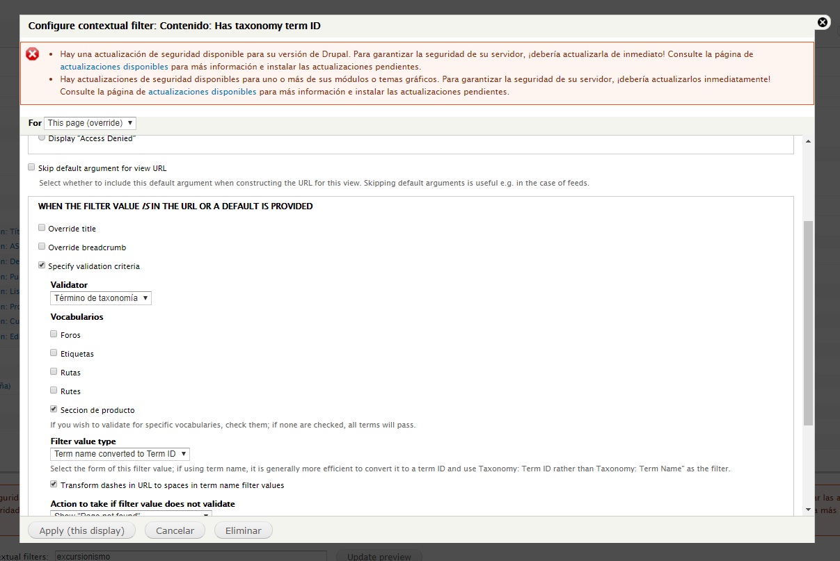 Opciones de filtro de contexto para filtrar por taxonomía