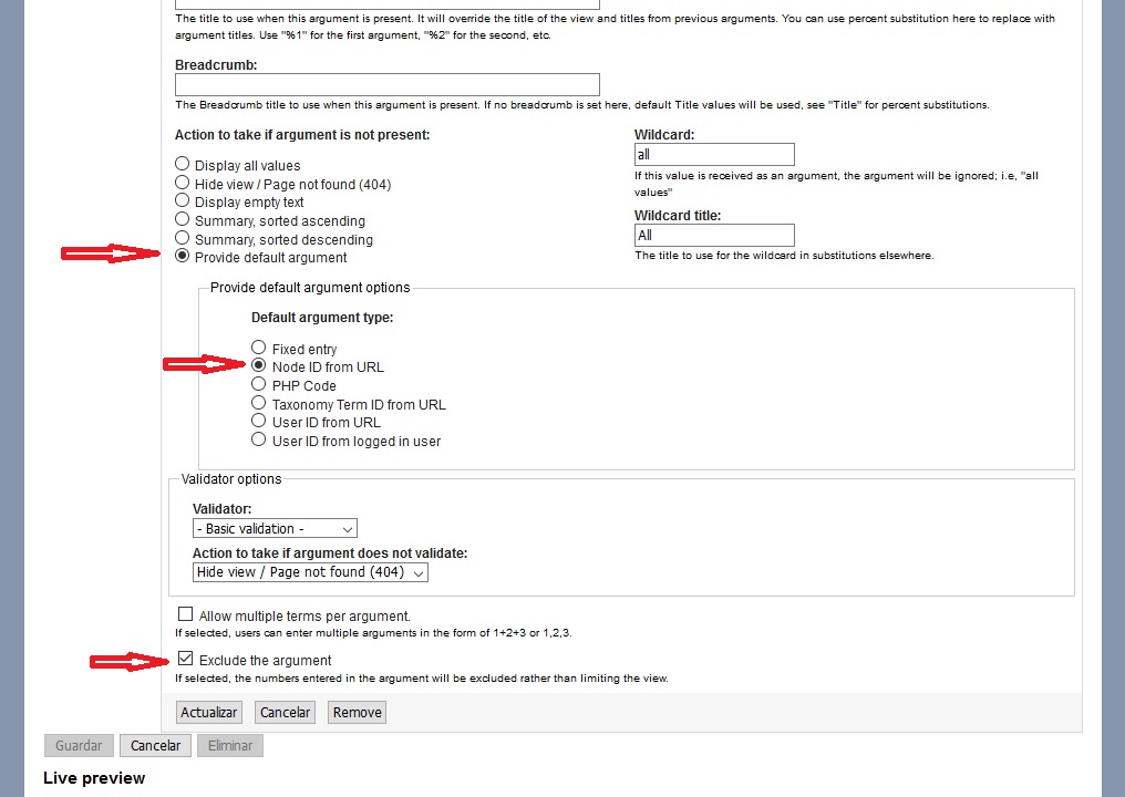 Excluir el nodo actual en una lista de vistas de Drupal
