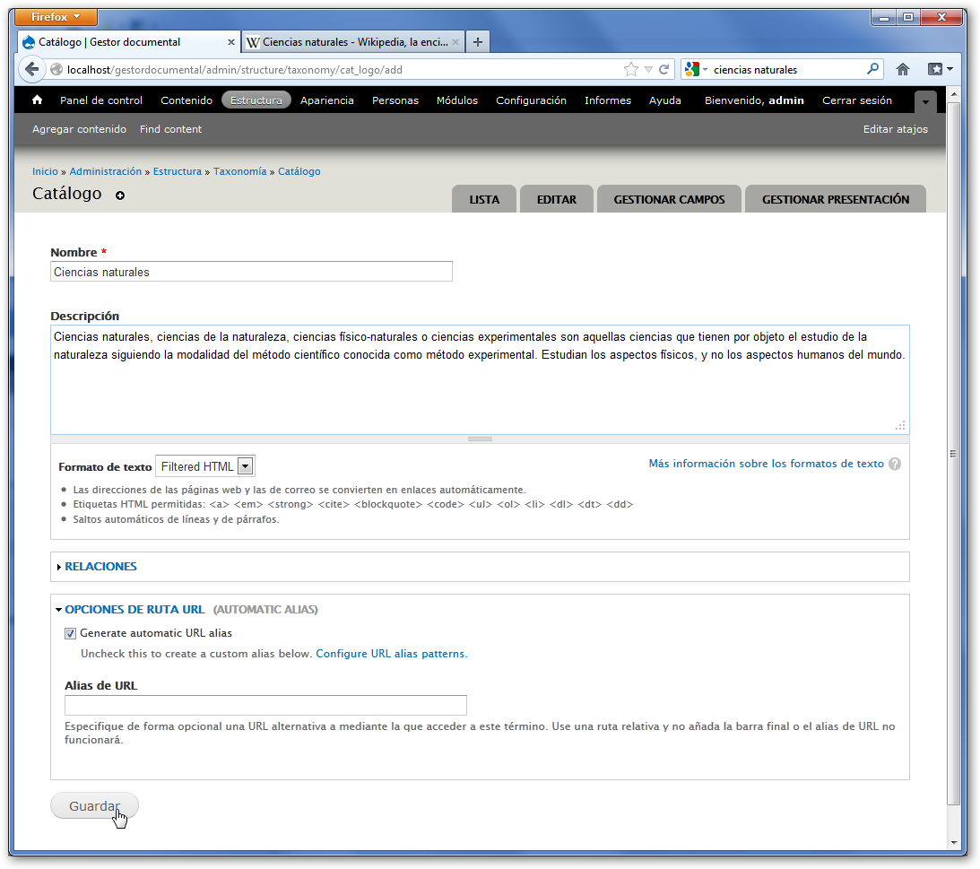 Descripción de vocabulario en taxonomía de Drupal