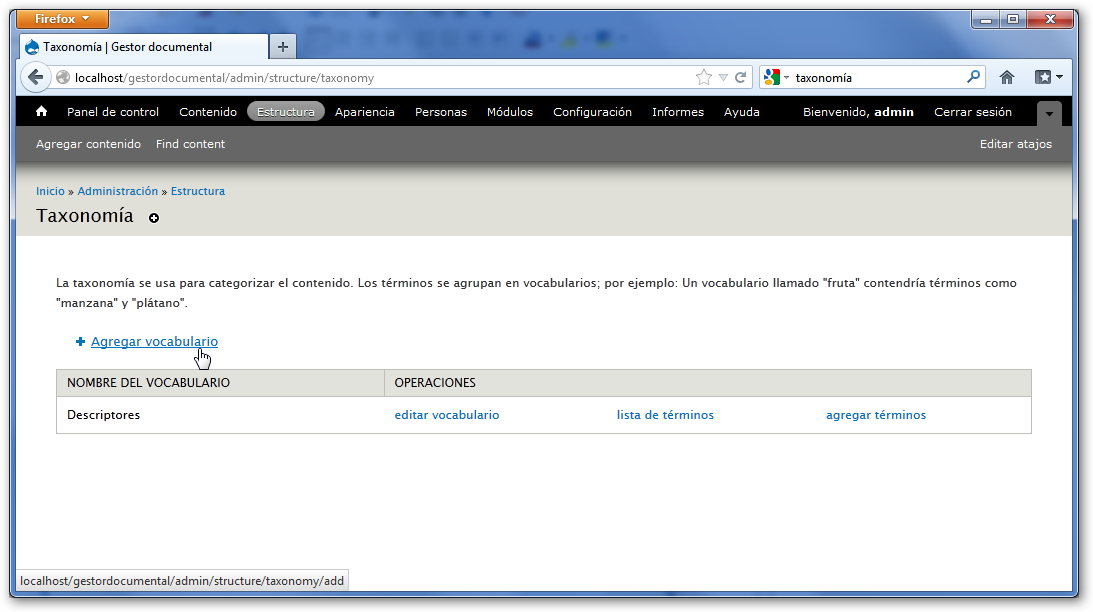 Agregar vocabulario a taxonomía de Drupal