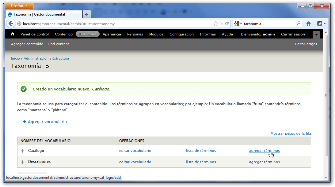 Vocabulario creado en Taxonomía de Drupal