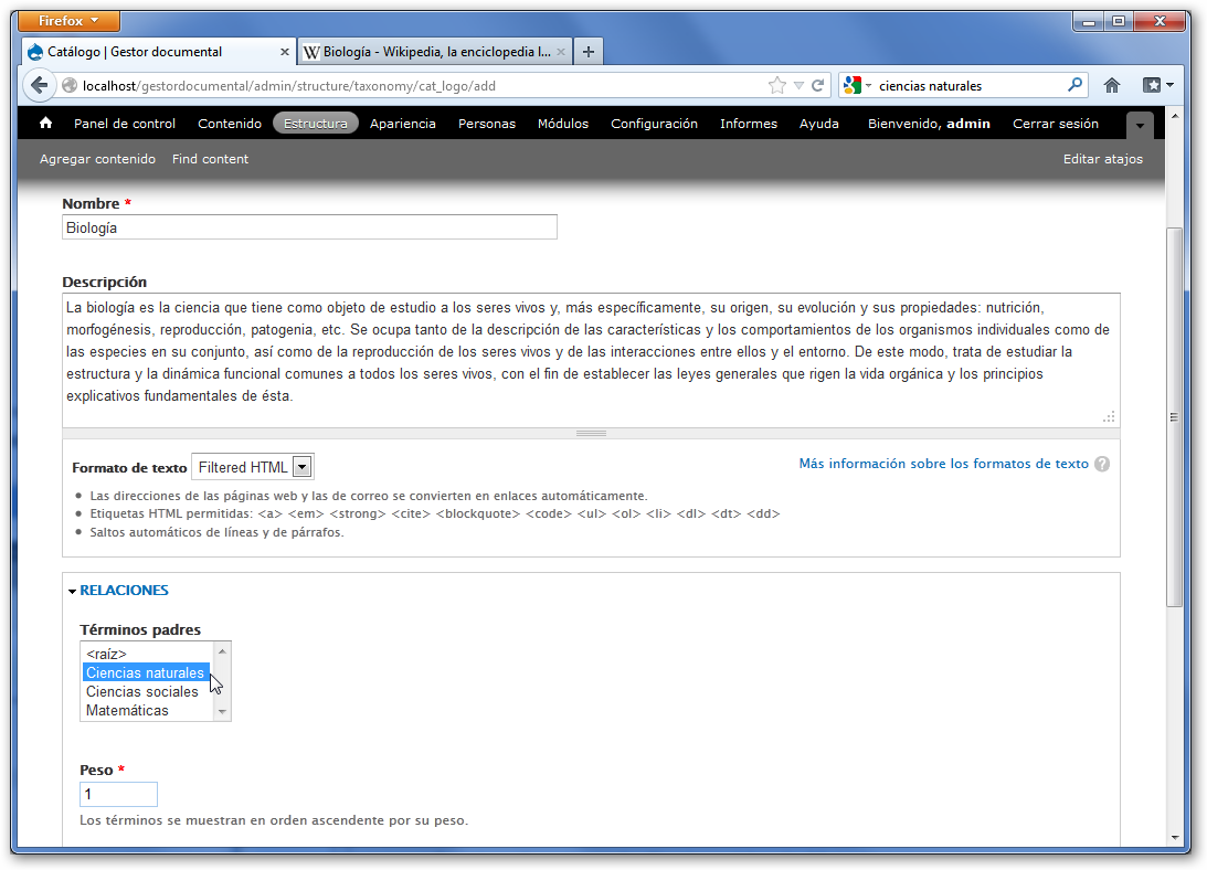 Relaciones jerárquicas en taxonomías de Drupal