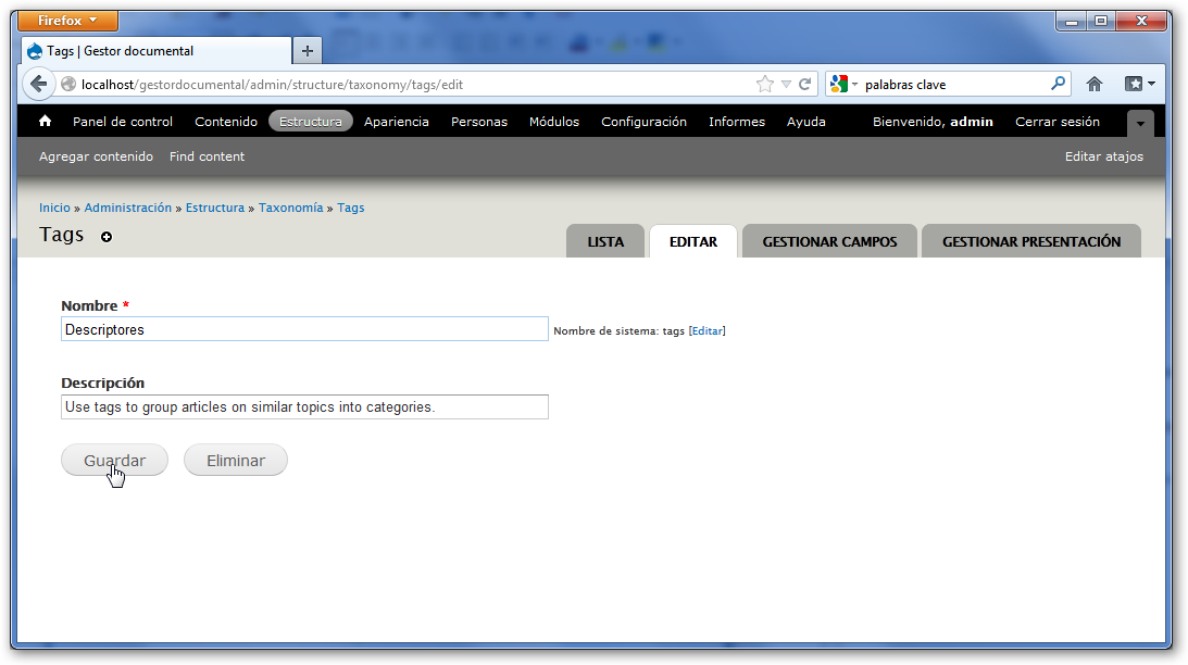 Taxonomia de Drupal, crear un vocabulario