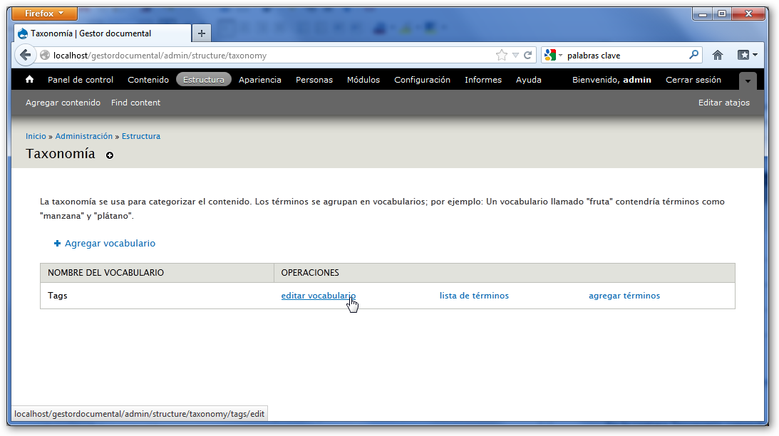 Editar vocabulario en Taxonomia de Drupal