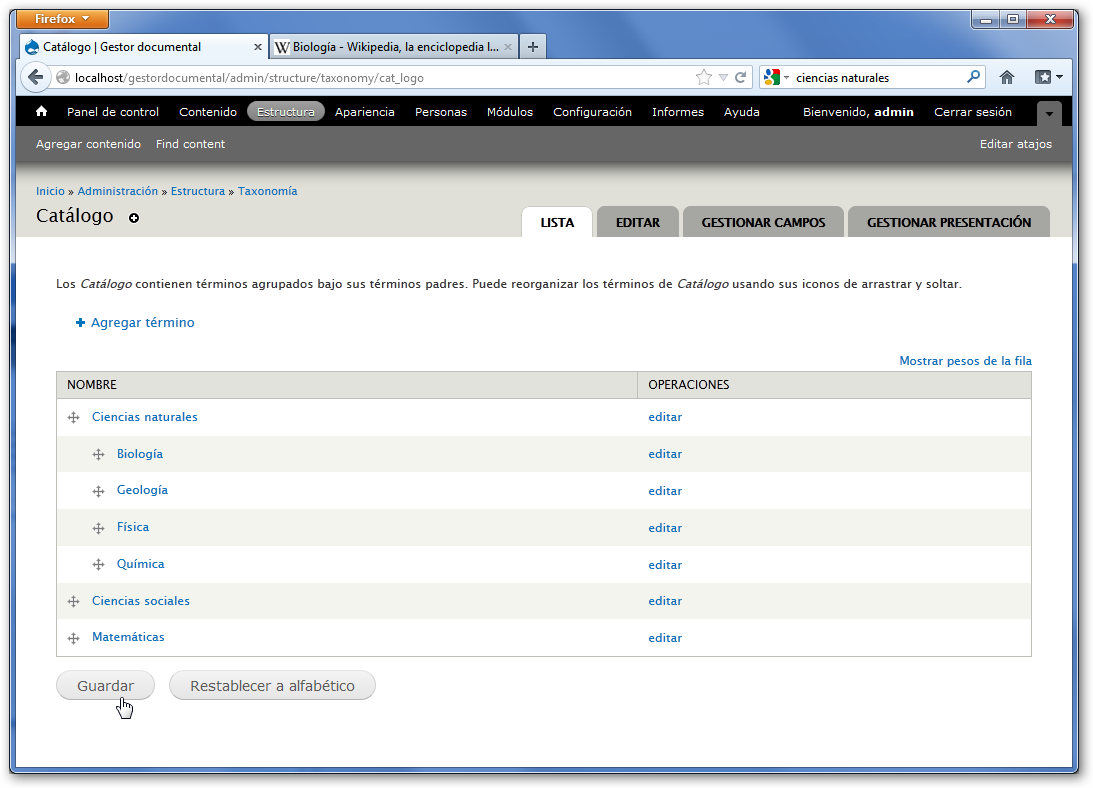 Términos de un vocabulario en taxonomías de Drupal