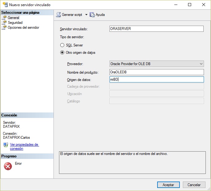 Creación de un linked server a Oaacle en SSMS