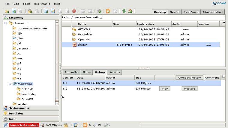 OpenKM, historia de documentos
