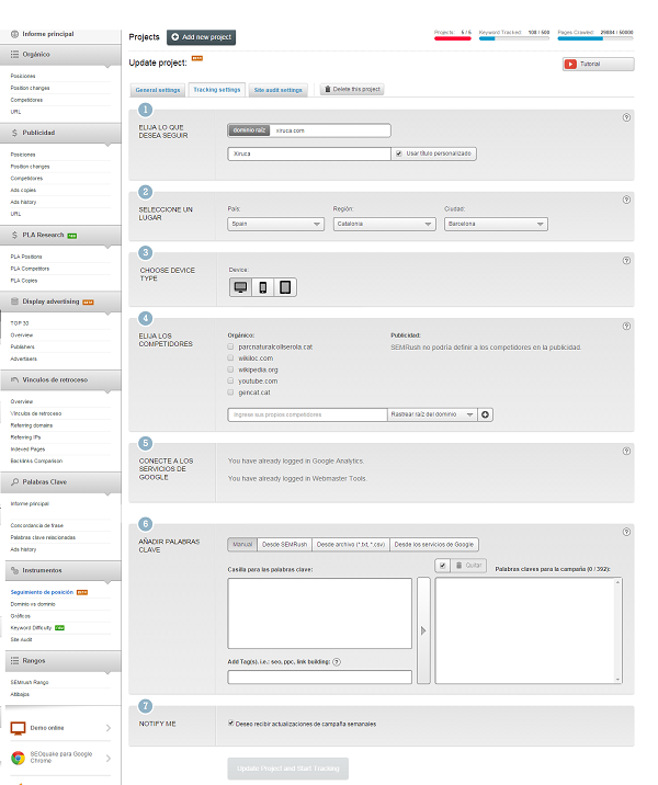 Proyecto de seguimiento SEO en SEMrush