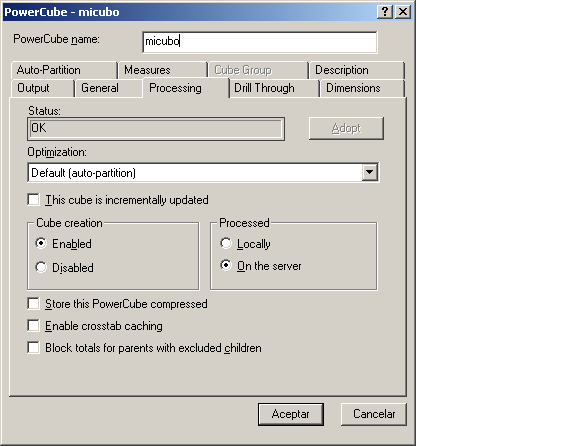 Opciones de PowerCube de Cognos Transformer