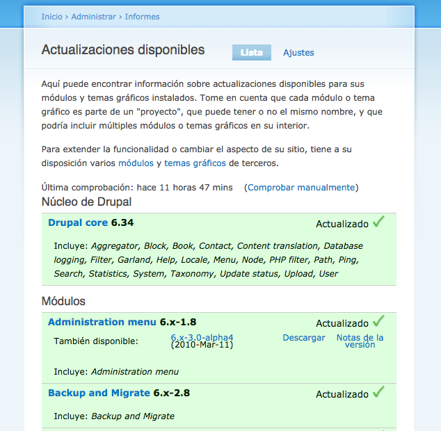Update de Drupal core y módulos
