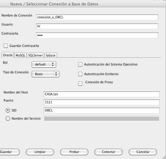 Conexión de Oracle en SQL Developer